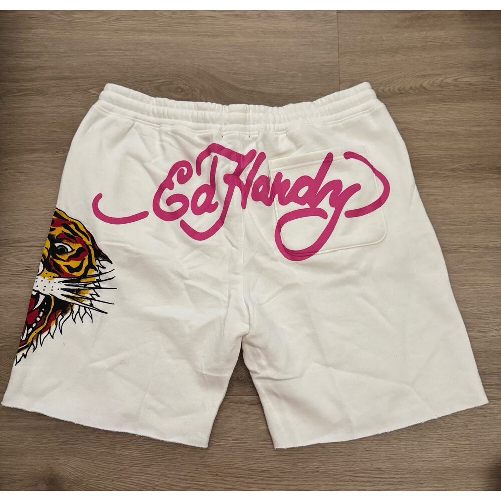 ED HARDY OFF WHITE MEN’s SHORTS FLEECE TIGER PRINT LOGO SWEAT SIZE L